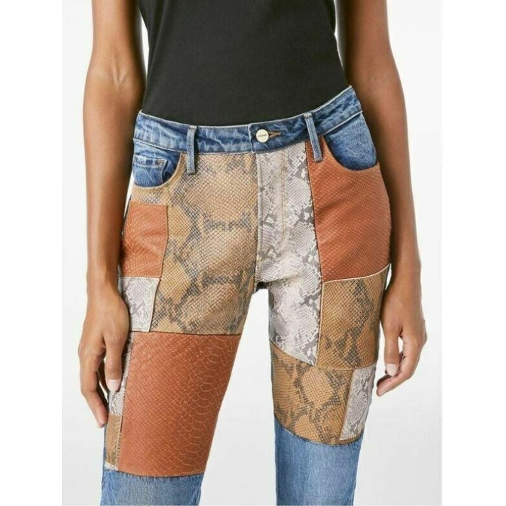 NWT FRAME Le Mini Boot Mid Rise Patchwork Snake Skin Print Jeans Women's Size 24 - Picture 6 of 15